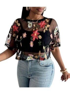 Womens XL Semi Sheer Black Floral Embroidered Mesh Crop Top Blouse Short Sleeve